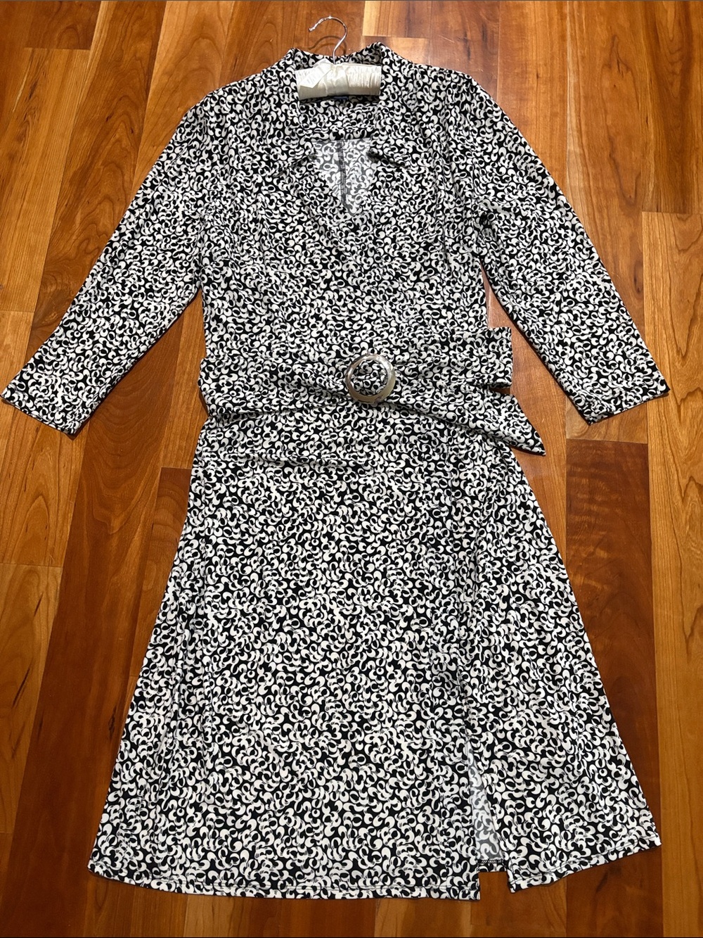 Chaps XL Faux-Wrap Stretch Black & White Midi Dress with Belt